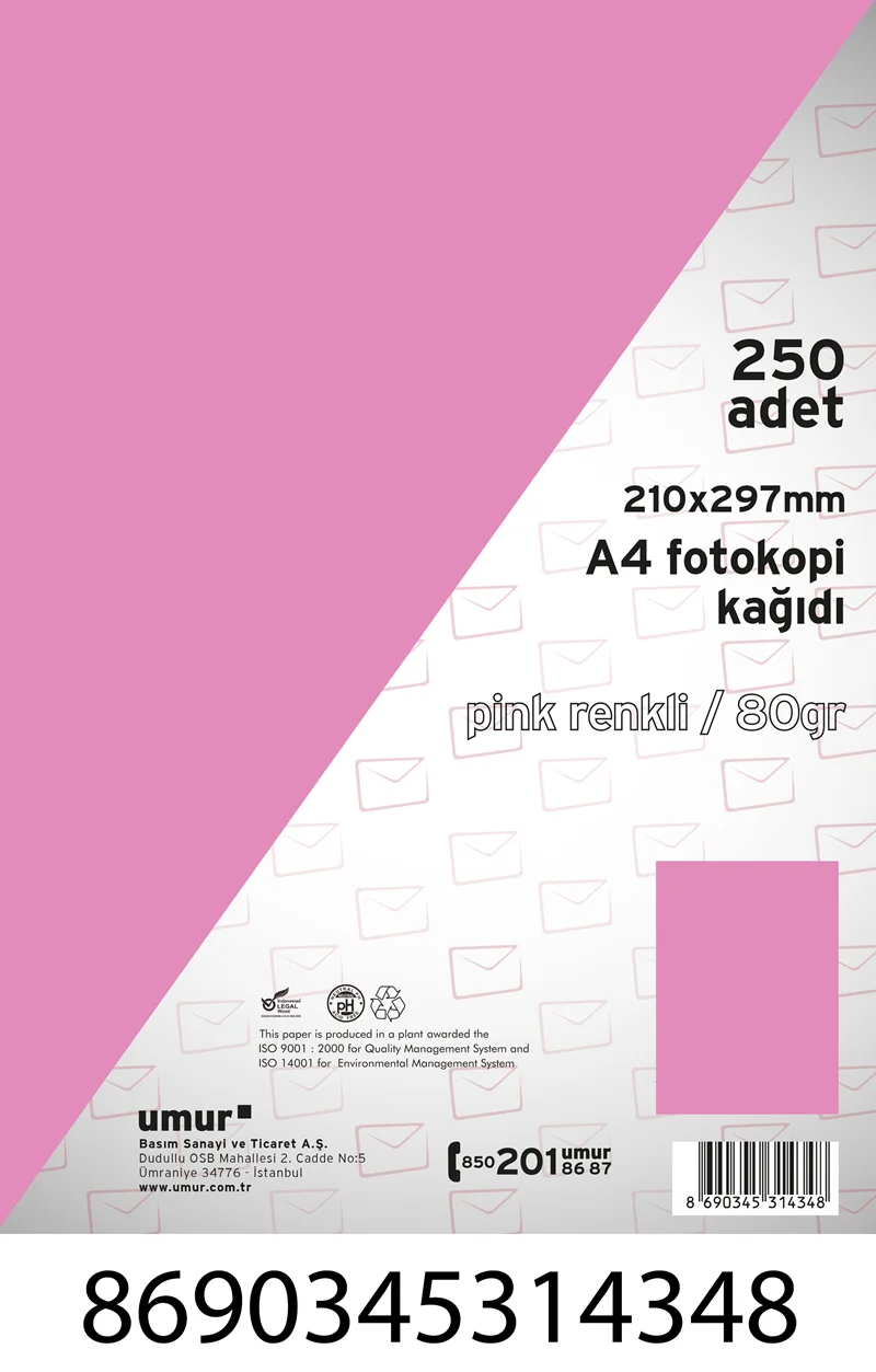 UMUR RENKLİ FOTOKOPİ KAĞIDI A4 80 GR 250 Lİ PINK (170) 30009256