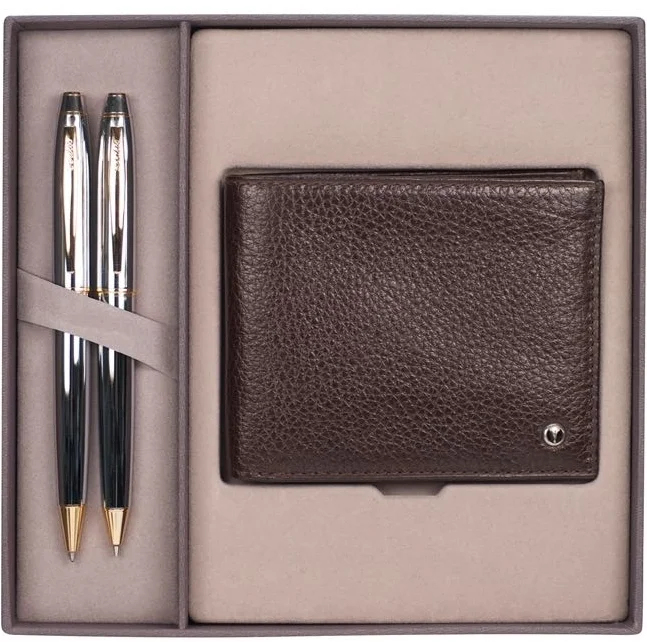 SCRIKSS HEDİYELİK SET DR 214 35 TÜKENMEZ KALEM + VERSATİL KALEM GOLD KROM + CÜZDAN DERİ KAHVERENGİ
