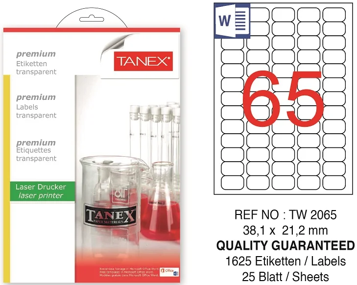 TW-2065 38,1x21,2 mm ŞEFFAF LASER ETİKET 25 AD.