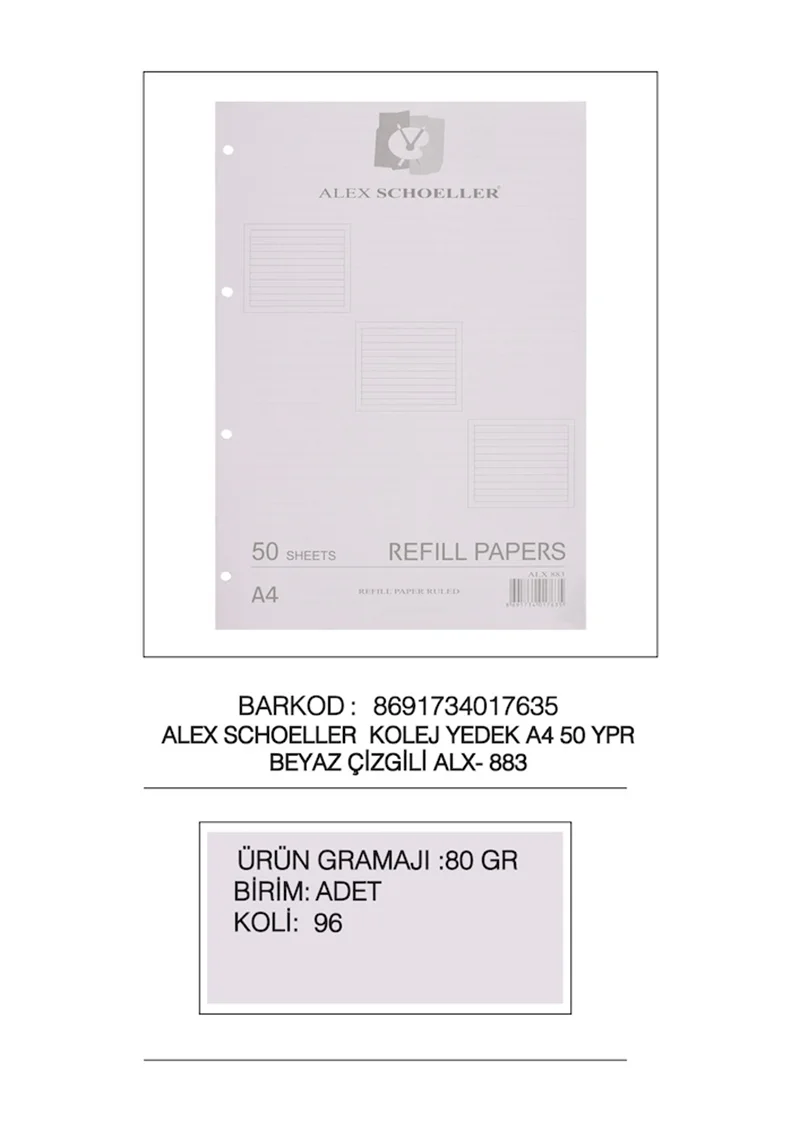 ALEX BLOKNOT YEDEK A4 BEYAZ ÇİZGİLİ  50 Lİ ALX-883