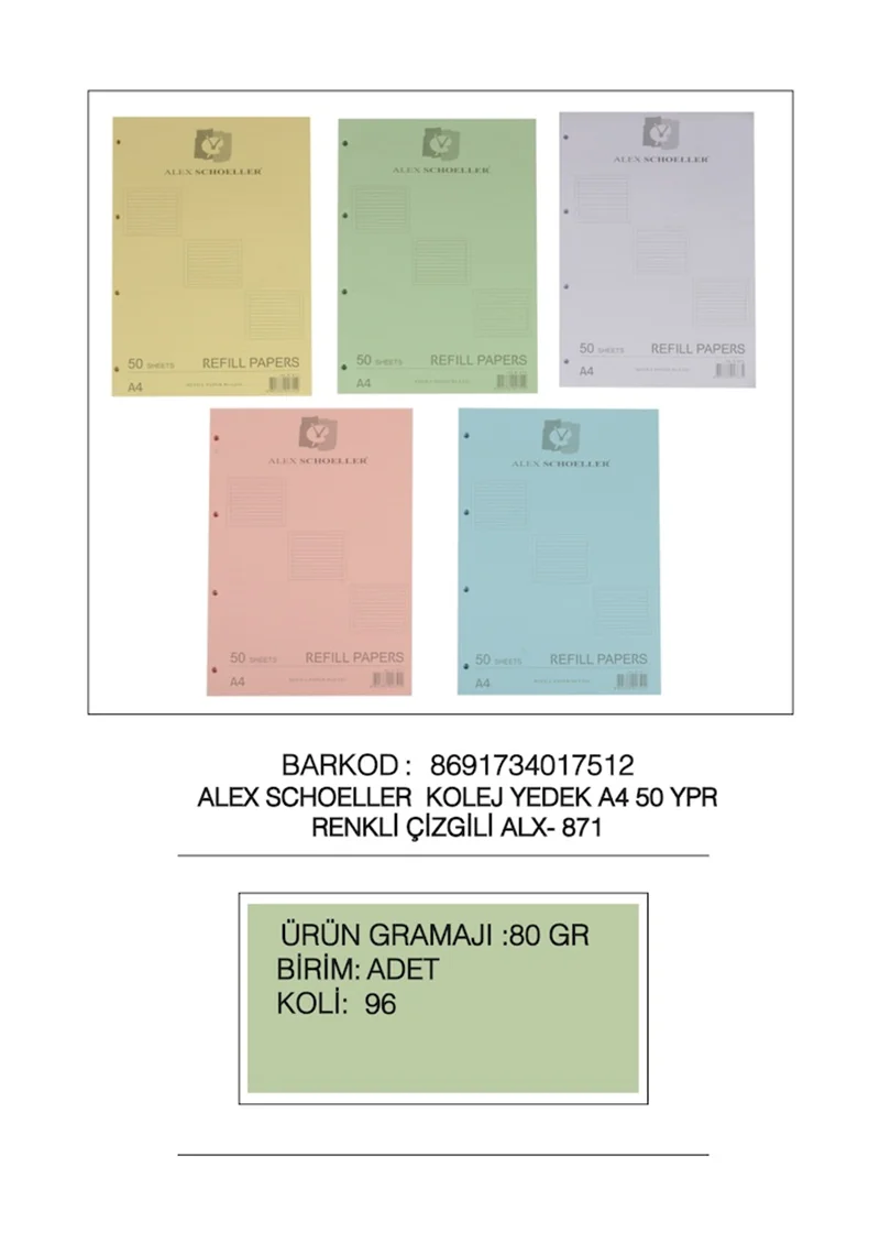 ALEX BLOKNOT YEDEK A4 RENKLİ ÇİZGİLİ  50 Lİ ALX-871