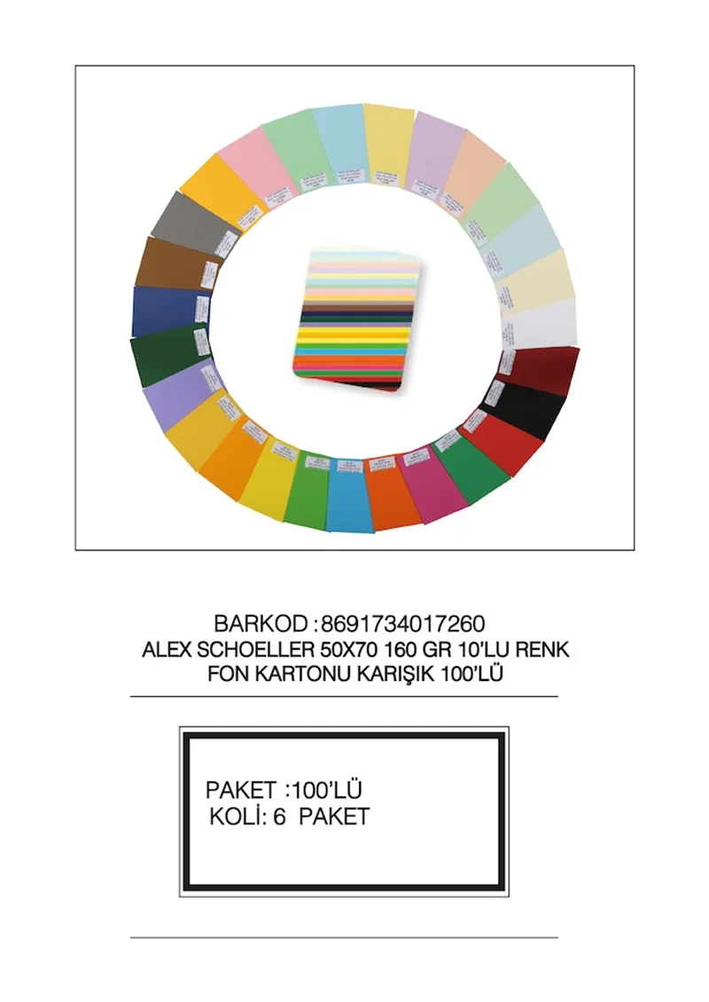 ALEX FON KARTONU 160GR 50X70 KARIŞIK 100 LÜ 00