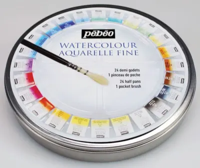 PEBEO SULU BOYA WATERCOLOR AQUAREL FINE SET 1/2 TABLET 24 LÜ YUVARLAK TENEKE KUTU (FIRÇALI SET) 3000