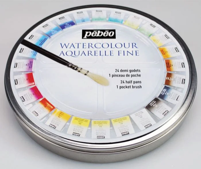 PEBEO SULU BOYA WATERCOLOR AQUAREL FINE SET 1/2 TABLET 24 LÜ YUVARLAK TENEKE KUTU (FIRÇALI SET) 3000