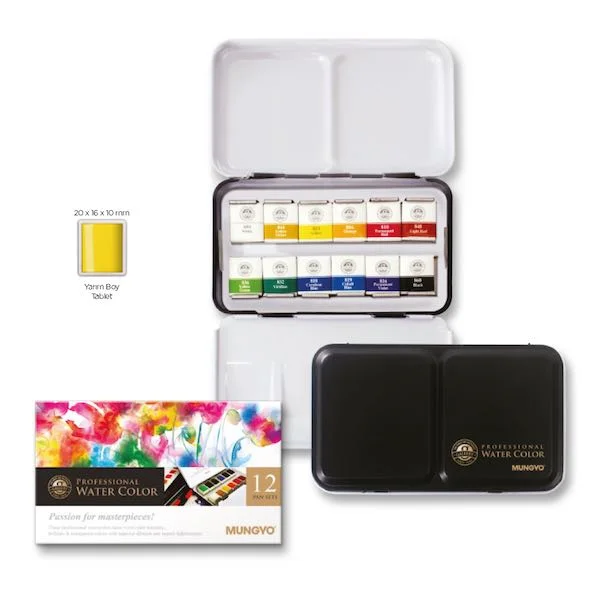 MUNGYO SULU BOYA AQUAREL YARIM TABLET 12 Lİ METAL KUTU MWPH-12