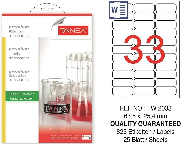 TW-2033 63,5x25,4 mm ŞEFFAF LASER ETİKET 25 AD.
