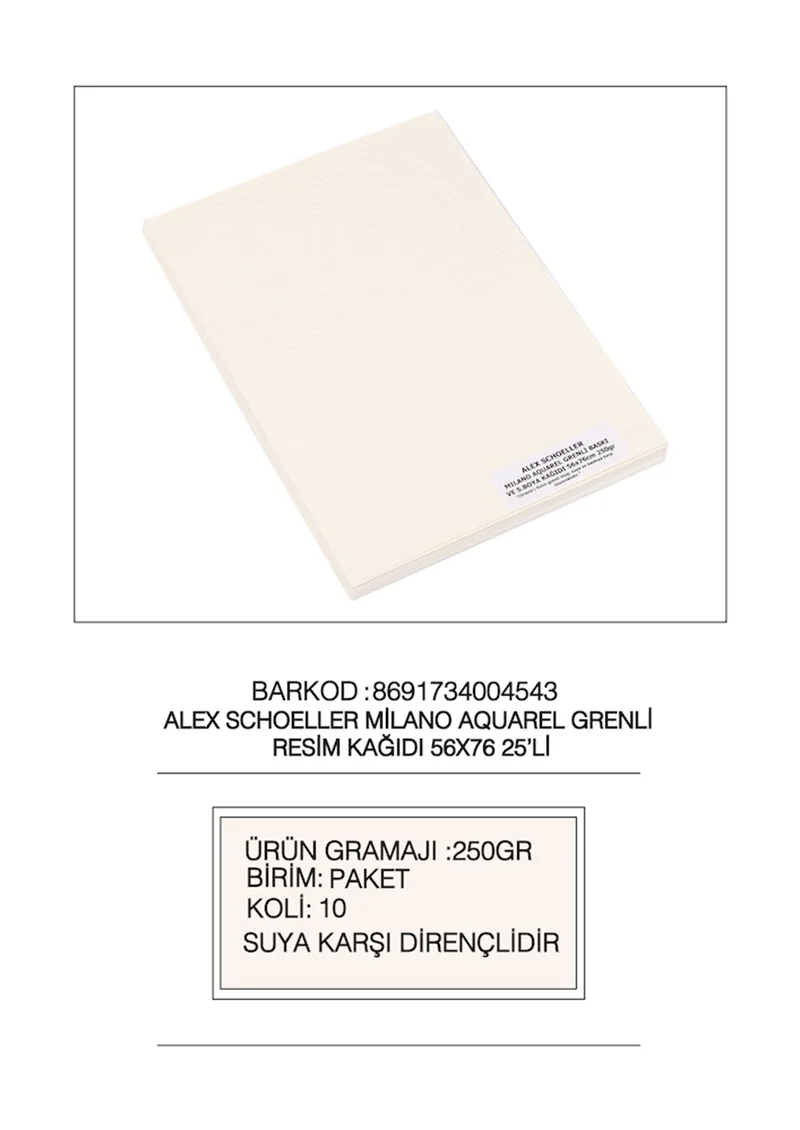 ALEX RESİM KAĞIDI 56x76 GRENLİ MİLANO 250GR 25 Lİ 250.00
