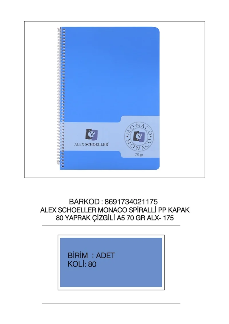 ALEX DEFTER A5 PP KAPAK SPİRALLİ 80YP ÇİZGİLİ  ALX-175
