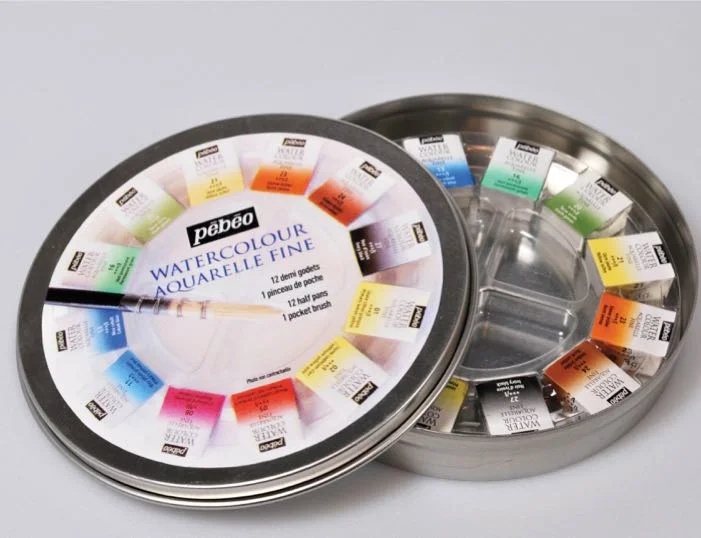 PEBEO SULU BOYA WATERCOLOR AQUAREL FINE SET 1/2 TABLET 12 Lİ YUVARLAK TENEKE KUTU (FIRÇALI SET) 3000