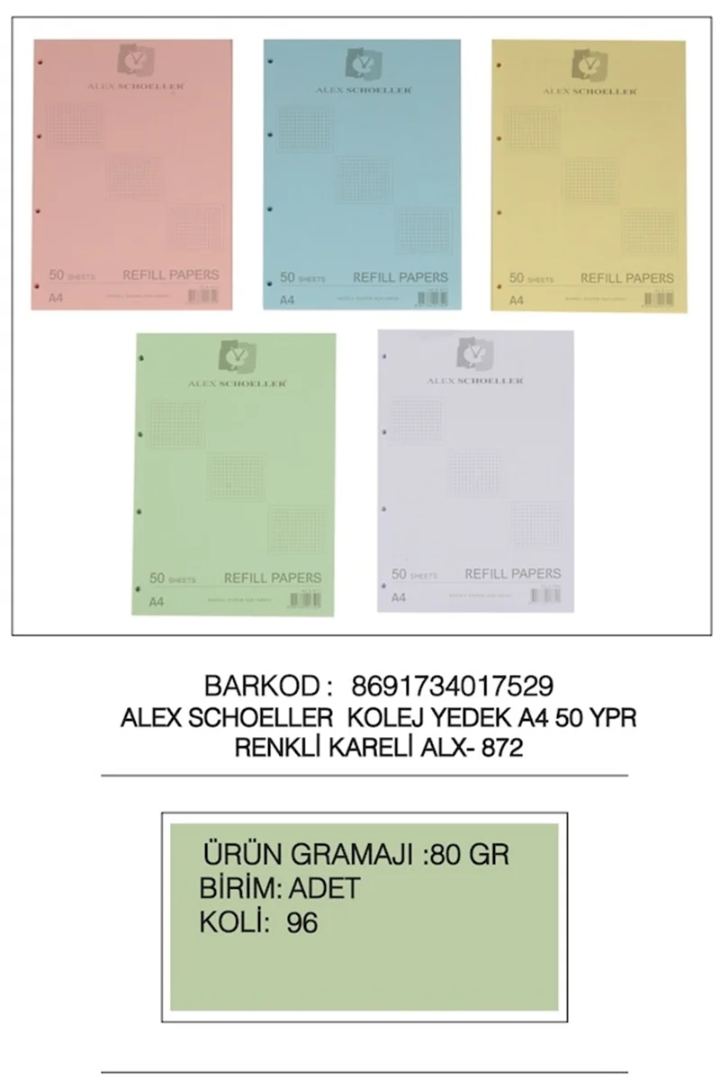 ALEX BLOKNOT YEDEK A4 RENKLİ KARELİ 50 Lİ ALX-872