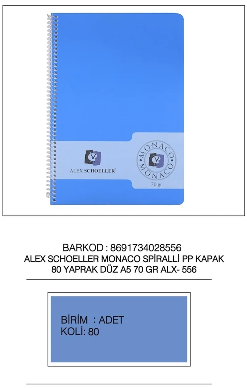 ALEX DEFTER A5 PP KAPAK SPİRALLİ 80YP DÜZ. ALX-556
