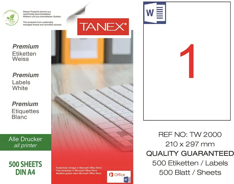 TANEX LASER ETİKET TW-2000 210 X 297 MM ( 1 ) 500 LÜ