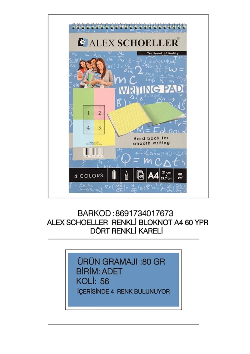 ALEX BLOKNOT A4 80GR RENKLİ KARELİ 60 YP ALX-888