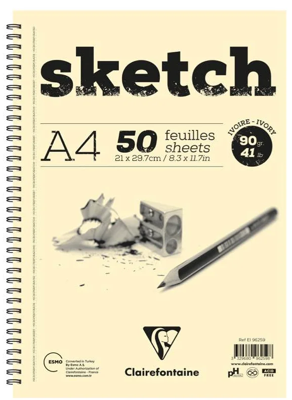 CLAIREFONTAINE ESKİZ BLOK ESQUISSE SKETCH IVORY SPİRALLİ UZUN KENAR A4 90 GR 50 YP EI96259