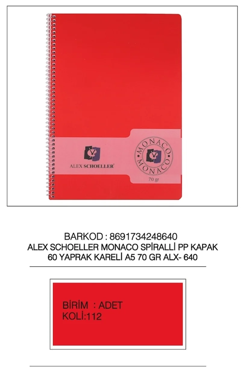 ALEX DEFTER A5 PP KAPAK SPİRALLİ 60YP KARELİ ALX-640