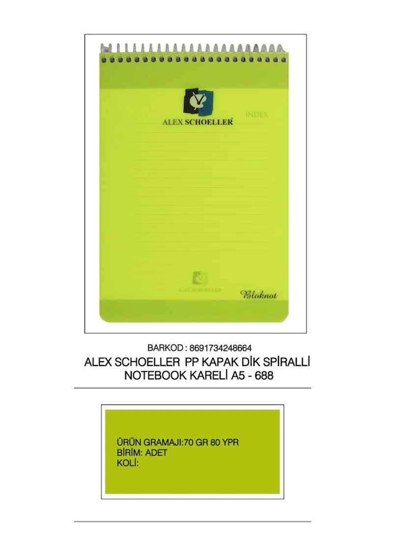 ALEX DEFTER A5 PP KAPAK SPİRALLİ DİK 80 YP. KARELİ ALX-688