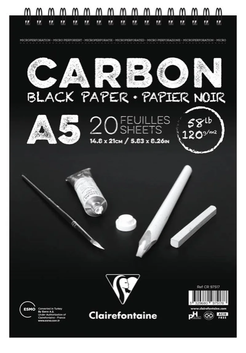 CLAIREFONTAINE ÇİZİM BLOĞU CARBON SPİRALLİ ÜSTTEN A5 120 GR 20 YP CR97517