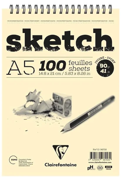 CLAIREFONTAINE ESKİZ BLOK ESQUISSE SKETCH IVORY SPİRALLİ UZUN KENAR A5 90 GR 50 YP EI96258