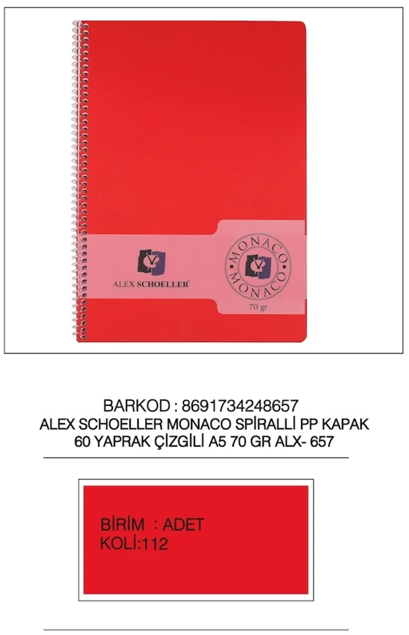 ALEX DEFTER A5 PP KAPAK SPİRALLİ 60YP ÇİZGİLİ  ALX-657