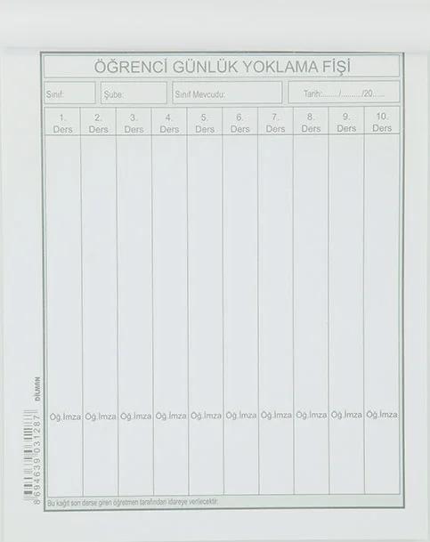 DİLMAN YOKLAMA FİŞİ 10 DERS 100 LÜ 3128