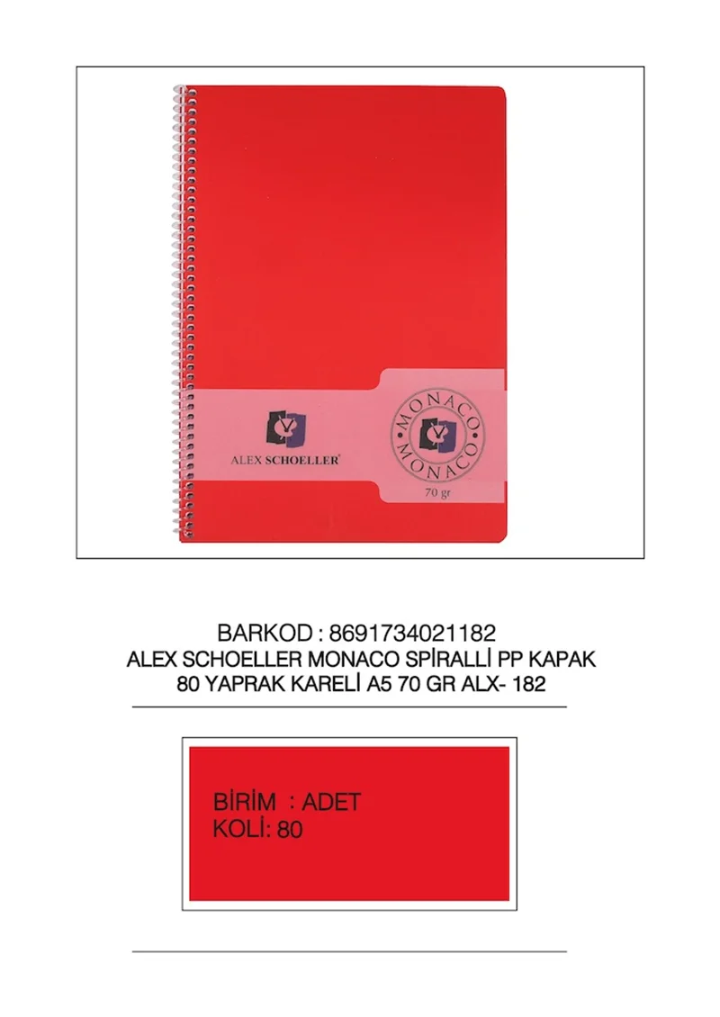 ALEX DEFTER A5 PP KAPAK SPİRALLİ 80YP KARELİ ALX-182