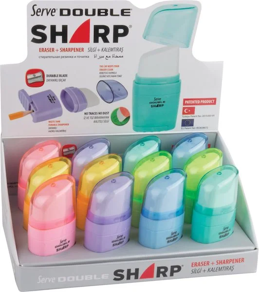 SERVE SİLGİLİ KALEMTIRAŞ DOUBLE SHARP STAND 12 Lİ PASTEL KARTON SV-D.SHARP12KTPS