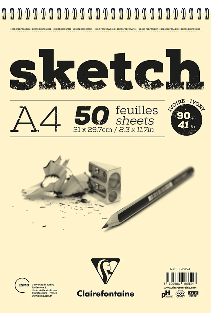 CLAIREFONTAINE ESKİZ BLOK ESQUISSE SKETCH IVORY SPİRALLİ KISA KENAR A4 90 GR 50 YP EI96159