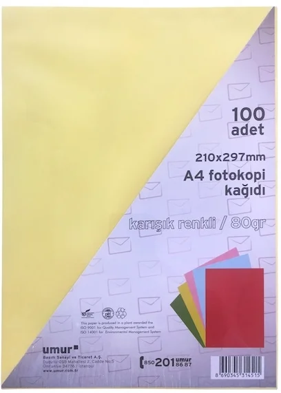 UMUR RENKLİ FOTOKOPİ KAĞIDI A4 80 GR 100 LÜ 5 KARIŞIK RENK 30009780