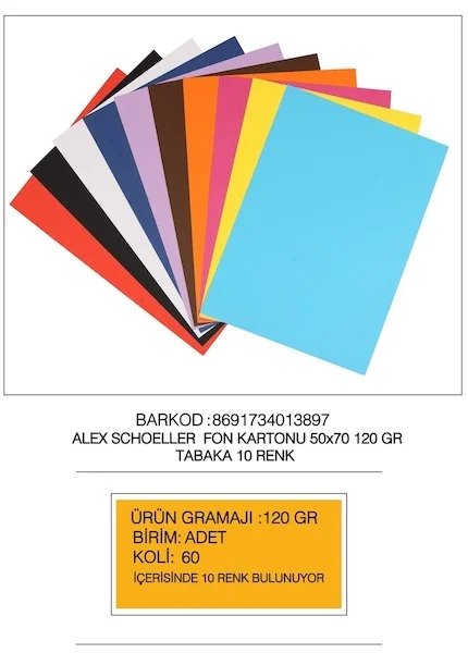 ALEX FON KARTONU 120GR 50x70 KARIŞIK TABAKA 10 LU 013.002