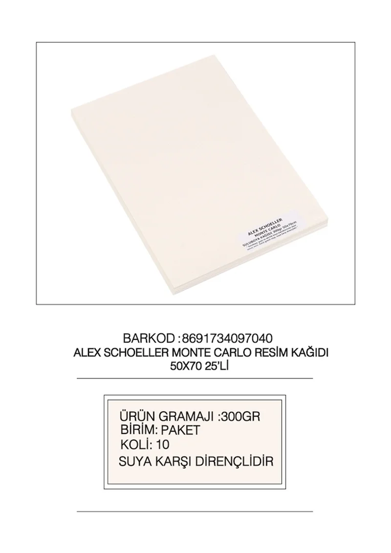 ALEX SULUBOYA KAĞIDI MONTE CARLO 300GR 50x70 25 Lİ 300.50