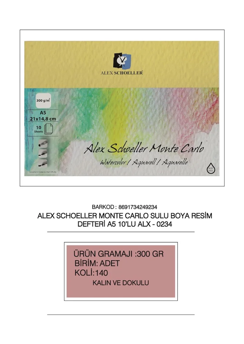 ALEX RESİM DEFTERİ A5 MONTE CARLO 300 GR 10 LU ALX-0234