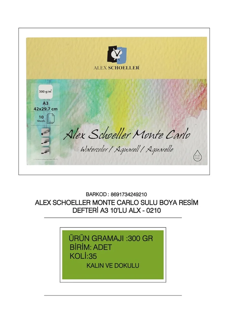 ALEX RESİM DEFTERİ A3 MONTE CARLO 300GR 10 LU ALX-0210