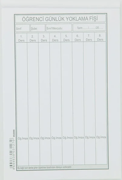 DİLMAN YOKLAMA FİŞİ 8 DERS 100 LÜ 31273