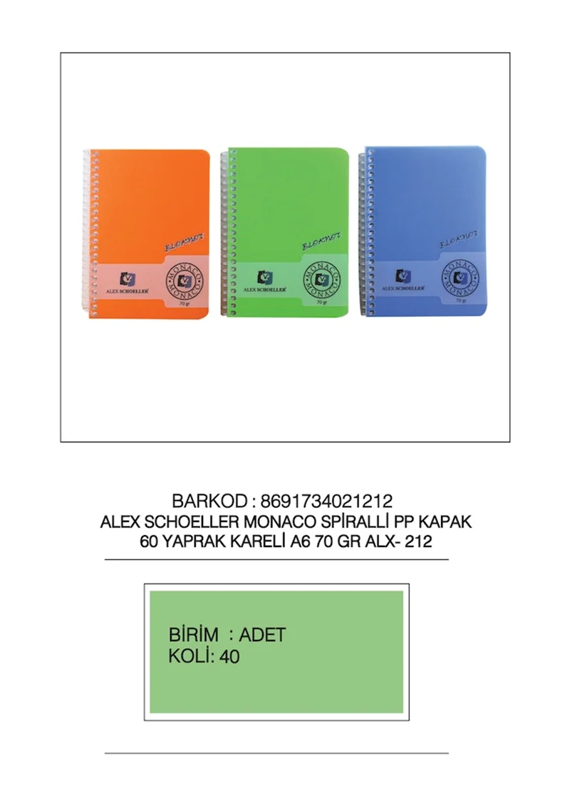 ALEX DEFTER A5 PP KAPAK SPİRALLİ 60 YP KARELİ ALX-212