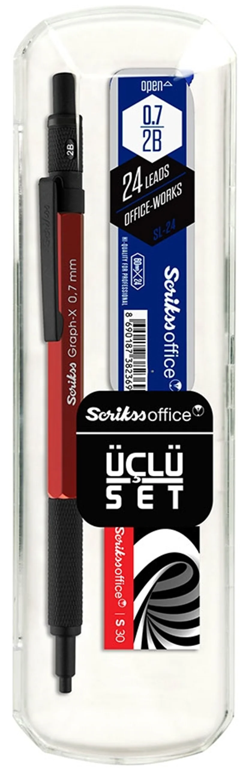 SCRIKSS OFFICE VERSATİL KALEM OKUL SETİ GRAPH-X 0.7 KIRMIZI + SİLGİ + MİN BLS.