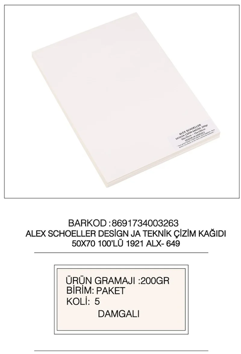 ALEX TEKNİK ÇİZİM KAĞIDI 50x70 DESİGN JA 200GR 100 LÜ ALX-649