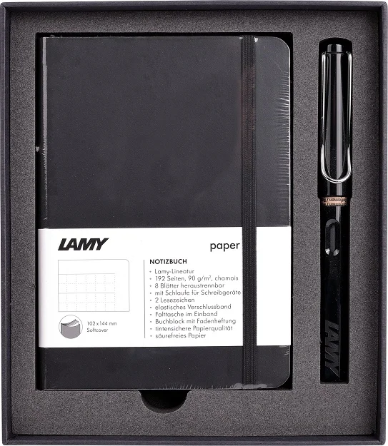 LAMY SET DOLMA KALEM SAFARI METAL KLİPS SİYAH+DEFTER A6 YUMUŞAK KAPAK SİYAH B4S-19S-M