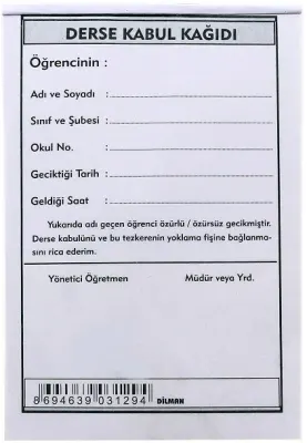DİLMAN DERSE KABUL KAĞIDI 100 LÜ 3129