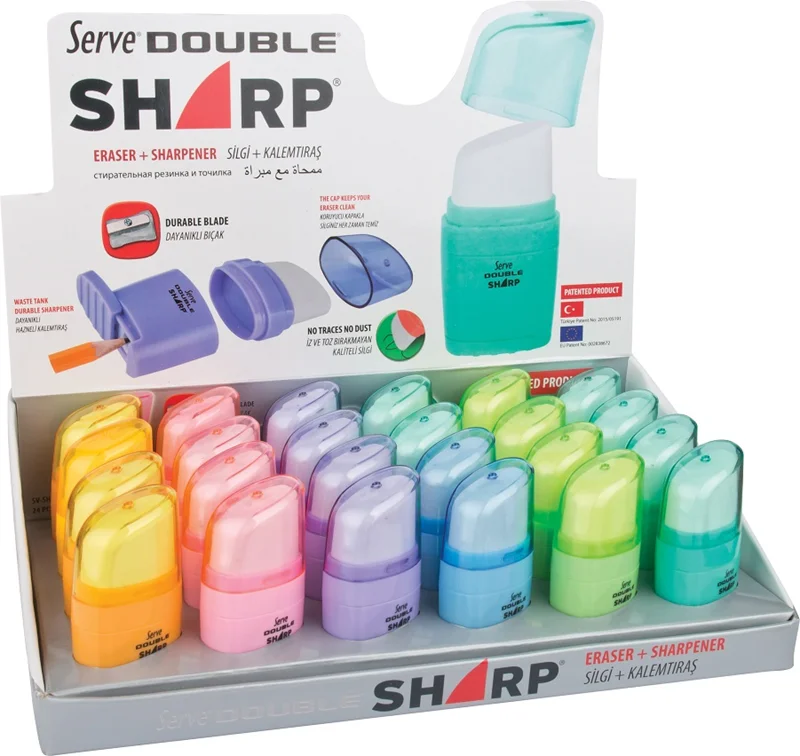 SERVE SİLGİLİ KALEMTIRAŞ DOUBLE SHARP STAND 24 LÜ PASTEL KARTON SV-D.SHARP24DPPS