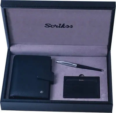 SCRIKSS HEDİYELİK SET SDR 302 39 ROLLER KALEM SİYAH KROM + CEP AJANDASI + K.KARTLIK COMFORT SİYAH