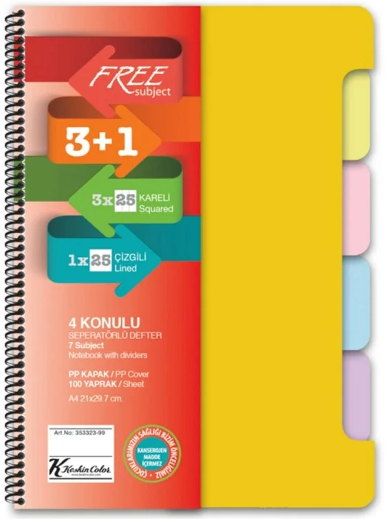 KESKİN DEFTER FREE A4 SUBJECT AYRAÇLI 3+1 X25=100 YP 353330
