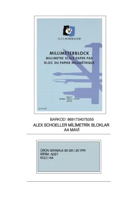 ALEX MİLİMETRİK BLOK A4 80 GR MAVİ 20 YP 001.01
