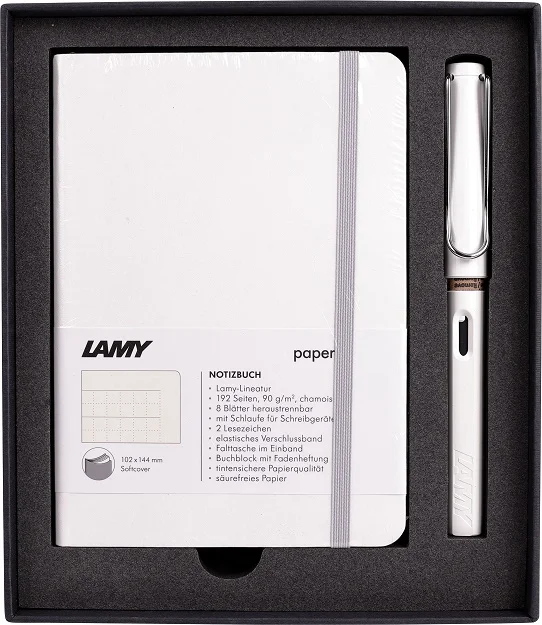 LAMY SET DOLMA KALEM SAFARI METAL KLİPS BEYAZ+DEFTER A6 YUMUŞAK KAPAK BEYAZ B4B-19B-M