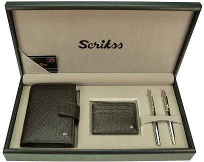 SCRIKSS HEDİYELİK SET SDR 213-2 35 DOLMA KALEM + TÜKENMEZ KALEM GOLD + AJANDA CEP + K.KARTLIK KAHVE