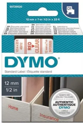 DYMO ŞERİT D1 12MM x 7MT ŞEFFAF/KIRMIZI 720520 45012