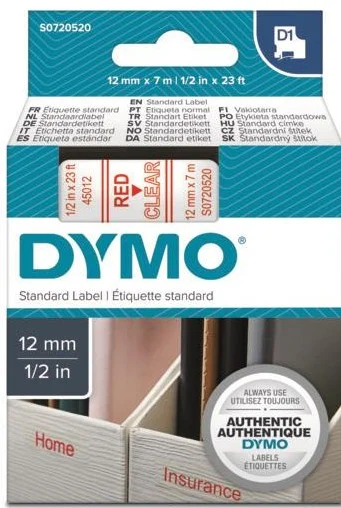 DYMO ŞERİT D1 12MM x 7MT ŞEFFAF/KIRMIZI 720520 45012