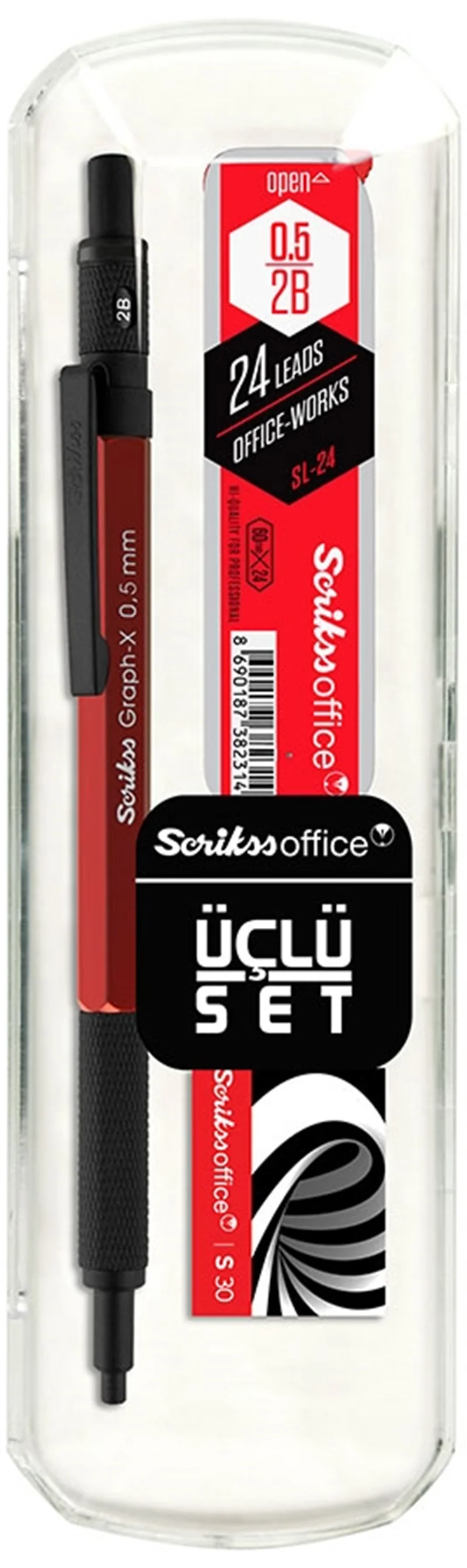 SCRIKSS OFFICE VERSATİL KALEM OKUL SETİ GRAPH-X 0.5 KIRMIZI + SİLGİ + MİN BLS.