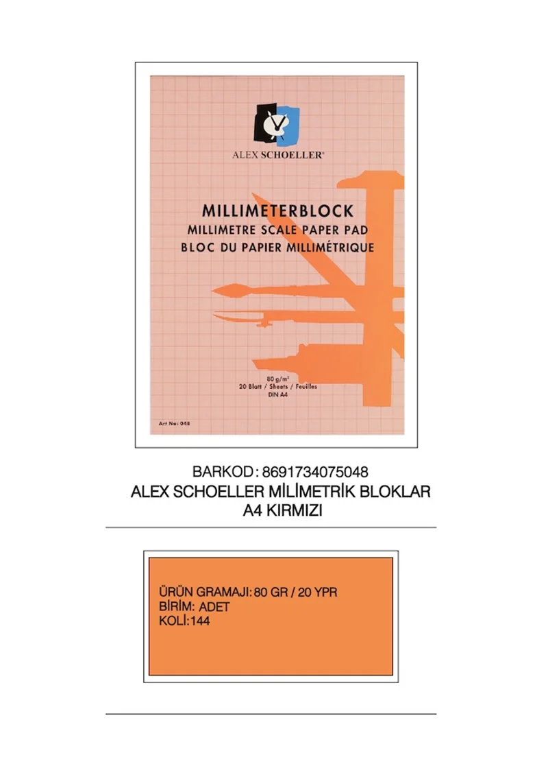 ALEX MİLİMETRİK BLOK A4 80 GR KIRMIZ 20 YP 001.03