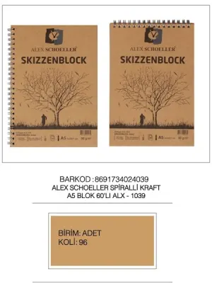 ALEX RESİM BLOK KRAFT 90GR A5 SPİRALLİ 60 LI ALX-1039