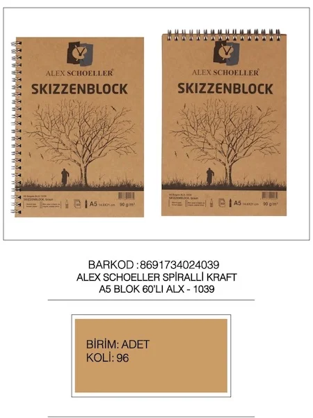 ALEX RESİM BLOK KRAFT 90GR A5 SPİRALLİ 60 LI ALX-1039